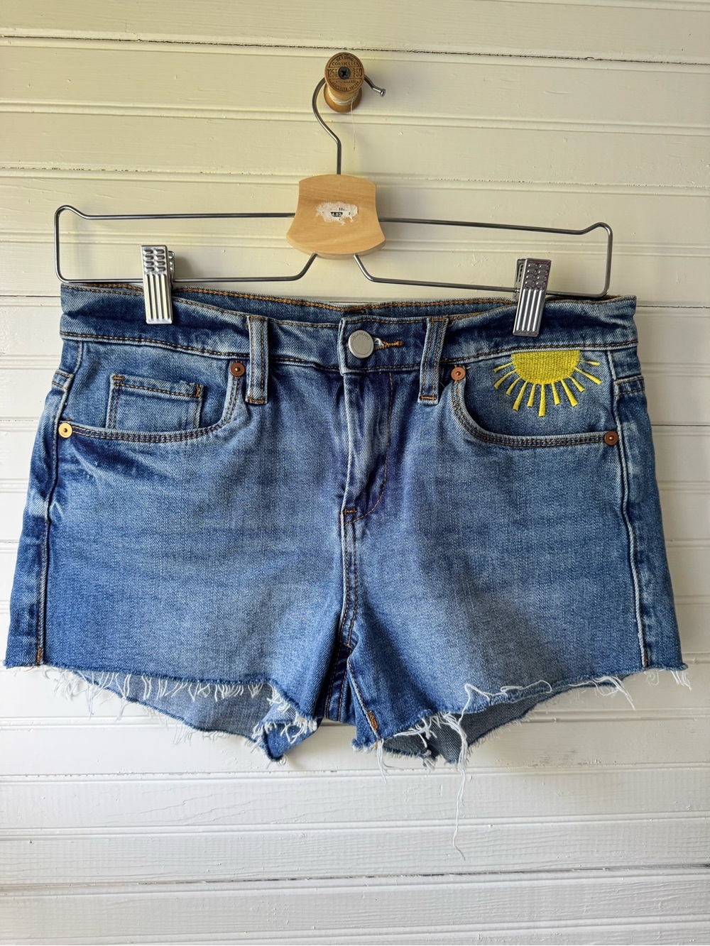 Blank NYC Blue Denim Shorts with Rainbow Embroidery